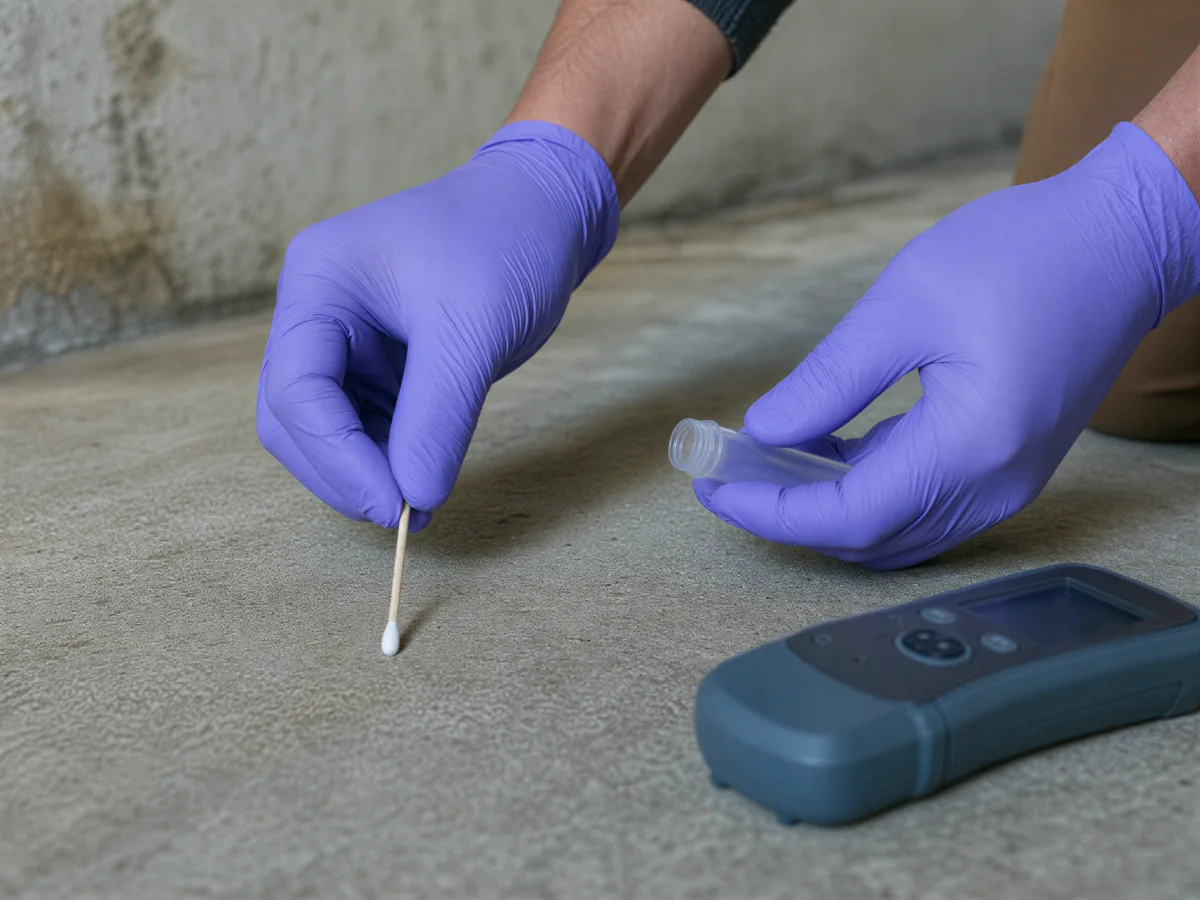 Technician collecting a surface sample after water damage